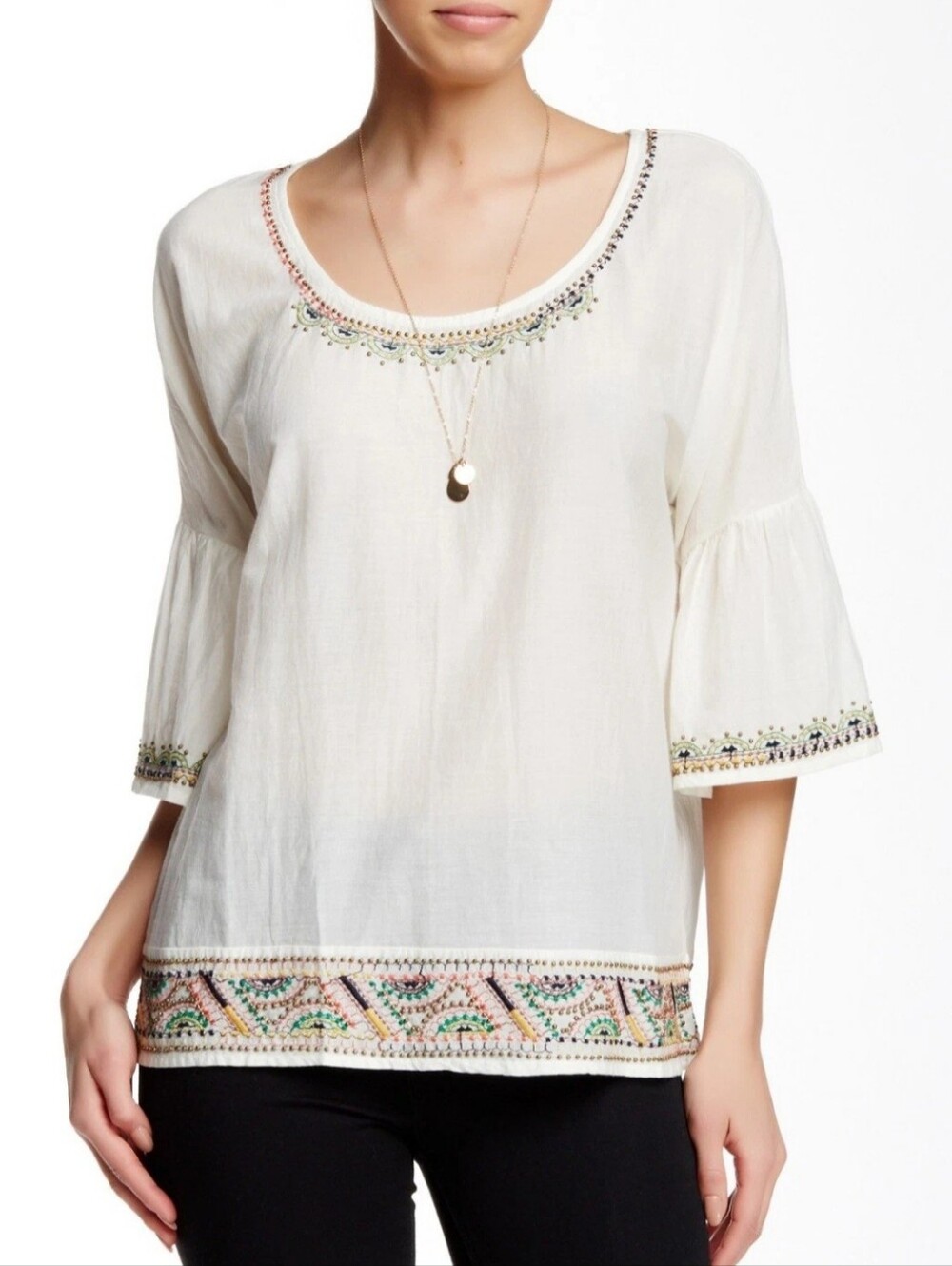 VELVET by Graham & Spencer Embroidered Beaded Blouse Top XS Cotton Boho Festival